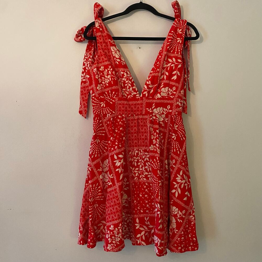 House of Harlow Red White Bow Sleeve Sleeveless V-neck Mini Dress Linen Small